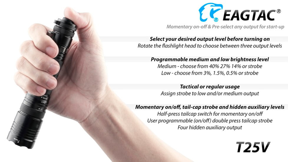 EAGTAC T25V XHP70.2 Flashlight, 21700 5000mAh li-ion, NW LED, 2990 Lumen, Black, T25V-XHP702-NW