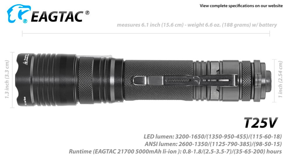 EAGTAC T25V XHP70.2 Flashlight, 21700 5000mAh li-ion, NW LED, 2990 Lumen, Black, T25V-XHP702-NW