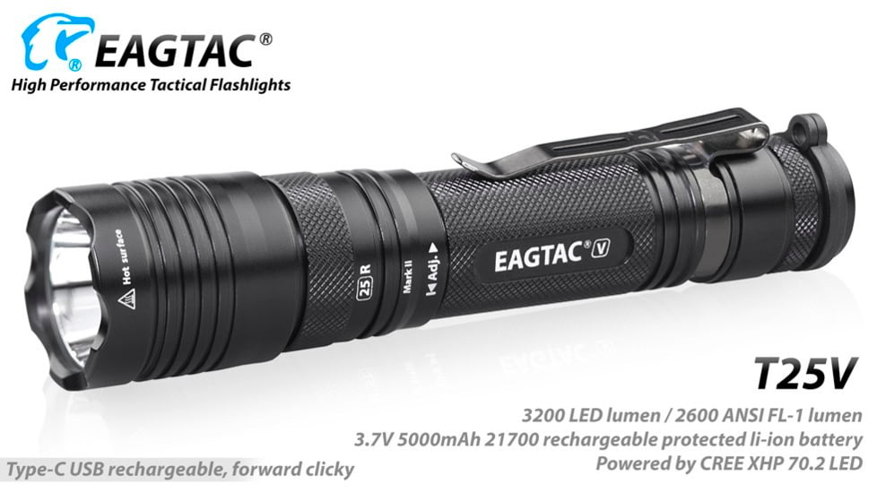 EAGTAC T25V XHP70.2 Flashlight, 21700 5000mAh li-ion, NW LED, 2990 Lumen, Black, T25V-XHP702-NW