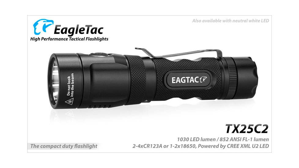 EAGTAC TX25C2 Flashlight, XP-L HI V2 NW LED, 1068lm, Black, TX25C2-XPLHI-BASE-NW