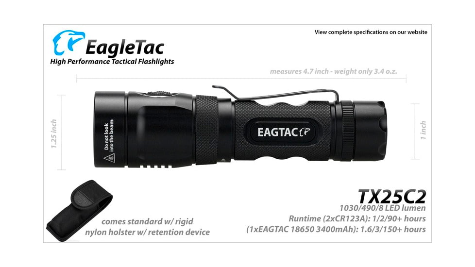 EAGTAC TX25C2 Flashlight, XP-L HI V2 NW LED, 1068lm, Black, TX25C2-XPLHI-BASE-NW