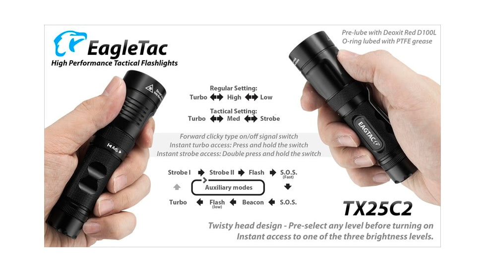 EAGTAC TX25C2 Flashlight, XP-L HI V2 NW LED, 1068lm, Black, TX25C2-XPLHI-BASE-NW