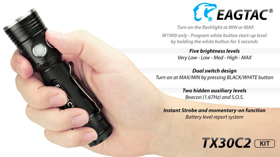 EAGTAC TX30C2 Base Flashlight, Nichia 219C CRI92 4000K LED, 885lm, Black, TX30C2-219C-BASE-NW