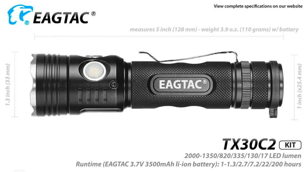 EAGTAC TX30C2 Base Flashlight, Nichia 219C CRI92 4000K LED, 885lm, Black, TX30C2-219C-BASE-NW