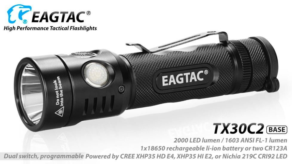 EAGTAC TX30C2 Base Flashlight, Nichia 219C CRI92 4000K LED, 885lm, Black, TX30C2-219C-BASE-NW