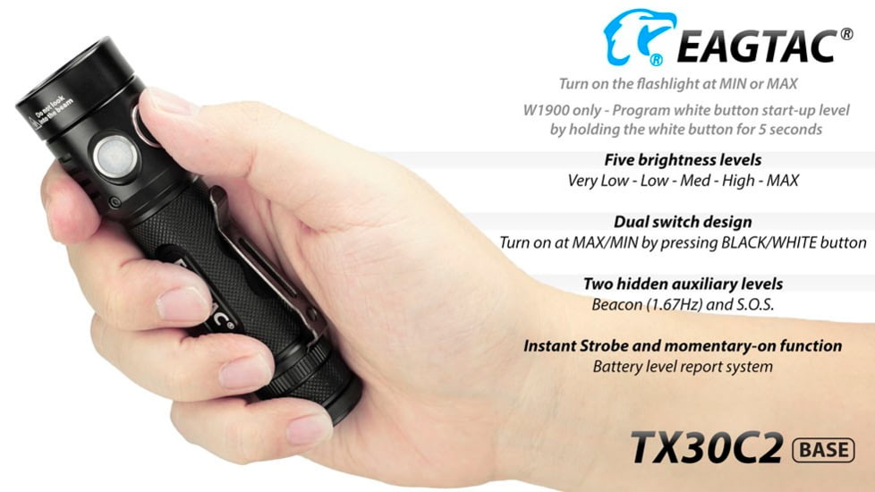 EAGTAC TX30C2 Base Flashlight, Nichia 219C CRI92 4000K LED, 885lm, Black, TX30C2-219C-BASE-NW