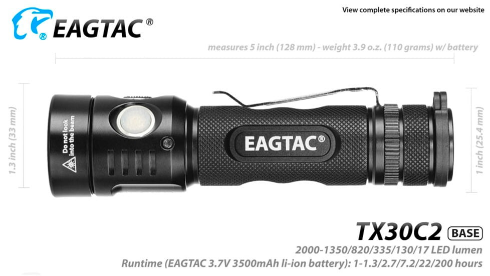 EAGTAC TX30C2 Base Flashlight, Nichia 219C CRI92 4000K LED, 885lm, Black, TX30C2-219C-BASE-NW