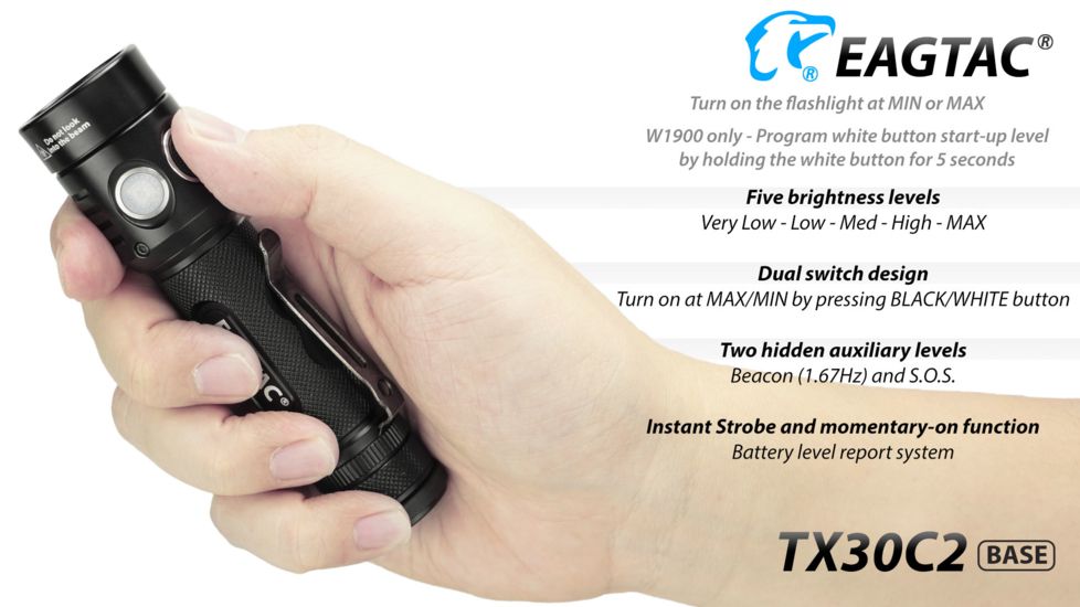 Eagtac TX30C2, XHP35 HD CW LED, 2000 lumens, Black, Flashlight Only, 2938