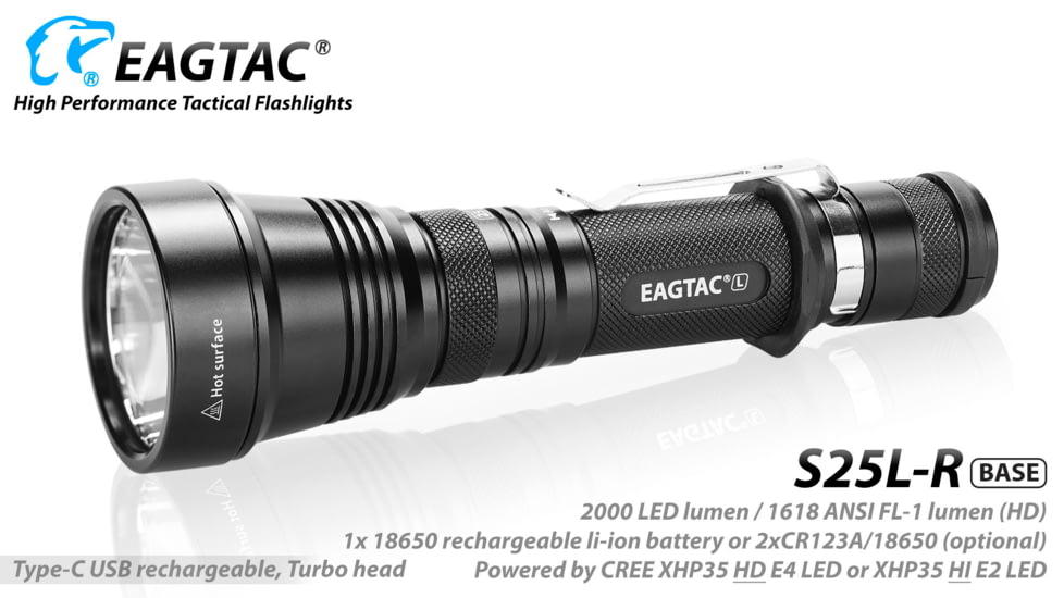 Eagtac USB Rechargeable S25LR XHP35 HI 385 Meter Tactical Flashlight, Black, Medium, S25LRXHP35HI