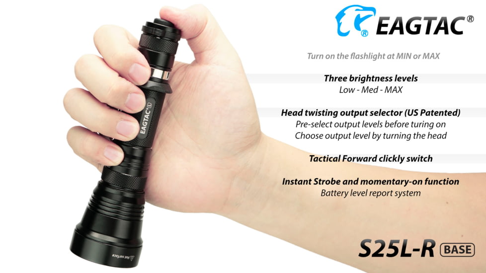 Eagtac USB Rechargeable S25LR XHP35 HI 385 Meter Tactical Flashlight, Black, Medium, S25LRXHP35HI