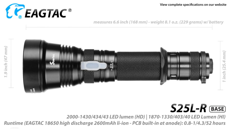 Eagtac USB Rechargeable S25LR XHP35 HI 385 Meter Tactical Flashlight, Black, Medium, S25LRXHP35HI