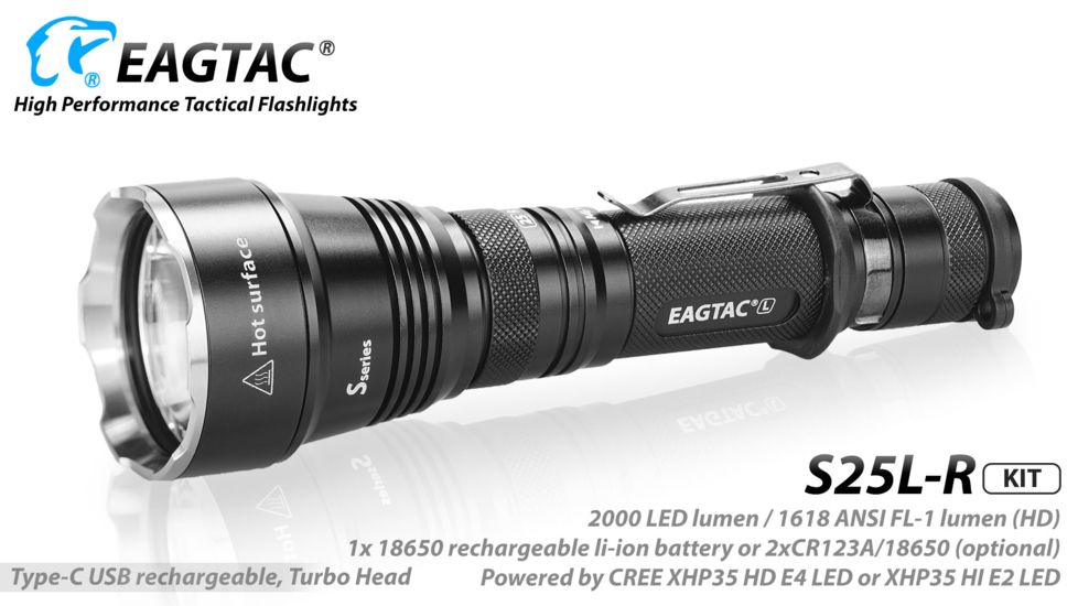 Eagtac USB Rechargeable S25LR XHP35 HI 385 Meter Tactical Flashlight KIT, Black, Medium, S25LRXHP35HIKIT