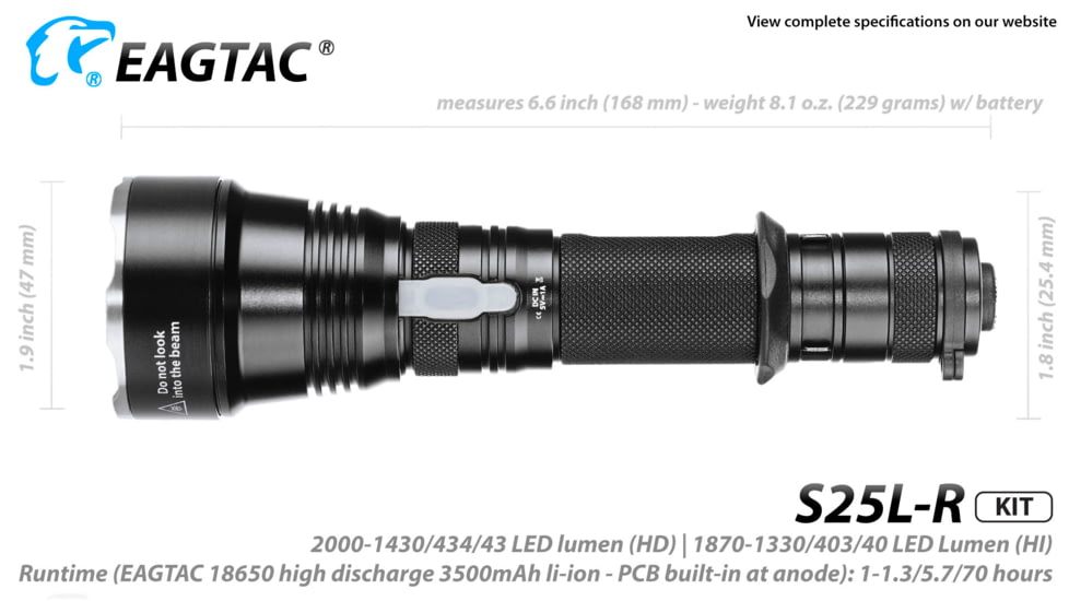 Eagtac USB Rechargeable S25LR XHP35 HI 385 Meter Tactical Flashlight KIT, Black, Medium, S25LRXHP35HIKIT