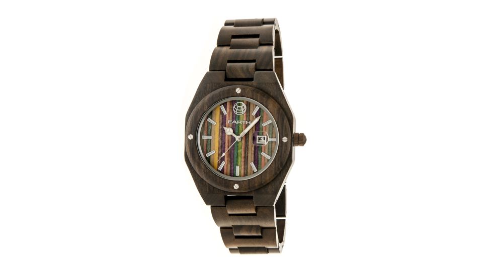 Earth Cypress Multi-Colored Skateboard Wood Dial Leather-Band Watch w/Date, Multicolor ETHEW4002