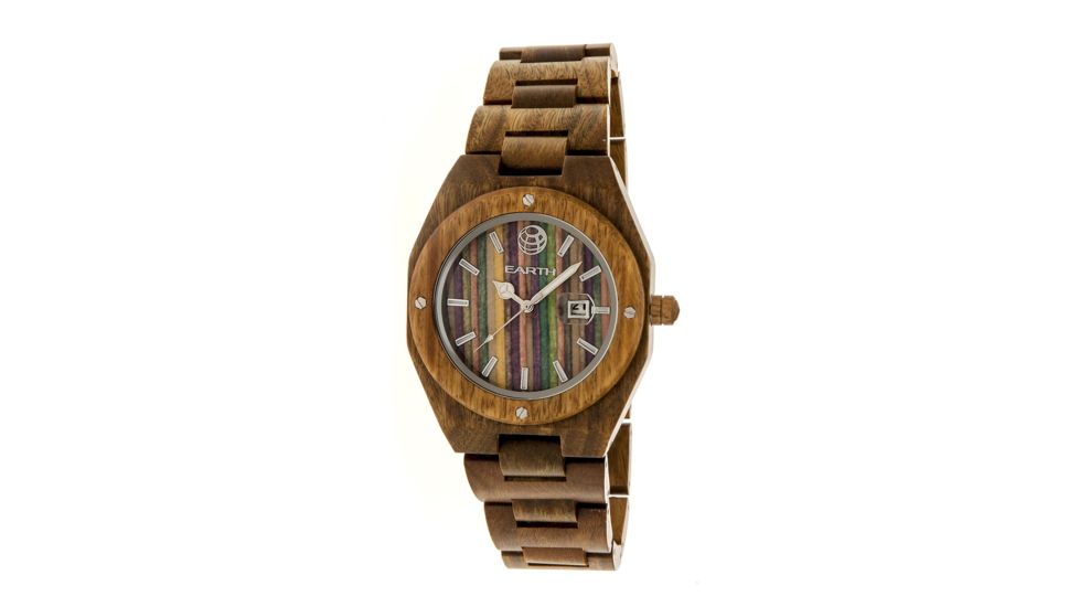 Earth Cypress Multi-Colored Skateboard Wood Dial Leather-Band Watch w/Date, Multicolor ETHEW4004