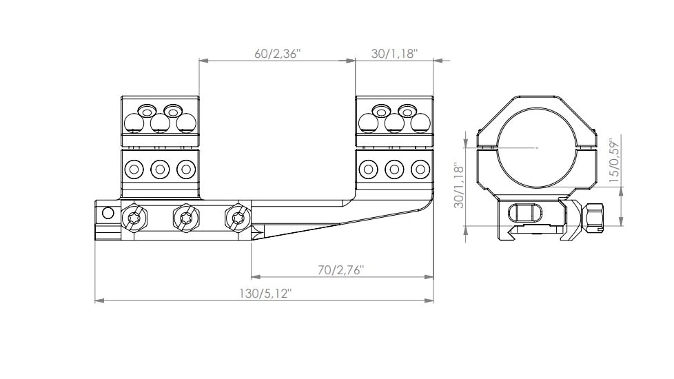 EAW German Tactical Mount Extended Fixed Blockmount, Tube Diameter 30mm, Height 15mm, Extension 70mm, Screw, Black, 62005