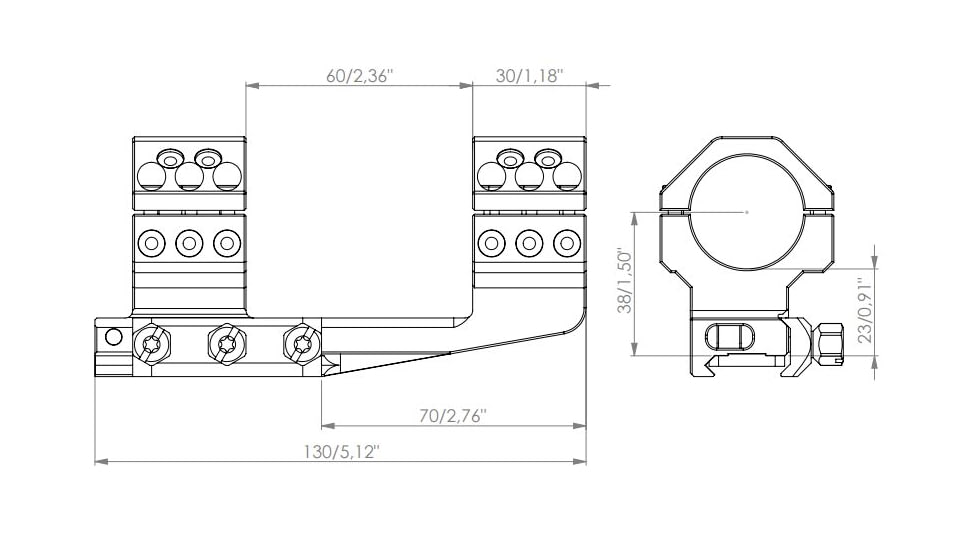 EAW German Tactical Mount Extended Fixed Blockmount, Tube Diameter 30mm, Height 23mm, Extension 70mm, Screw, Black, 62007