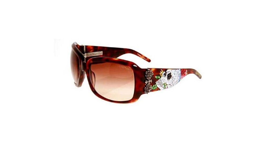 Ed Hardy Skull &amp; Roses Crystal Sunglasses - Tortoise Frame, Brown Lens
