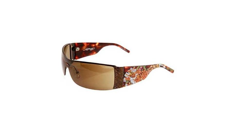 Ed Hardy Tiger Running Crystal Sunglasses - Tortoise Frame, Brown Lens