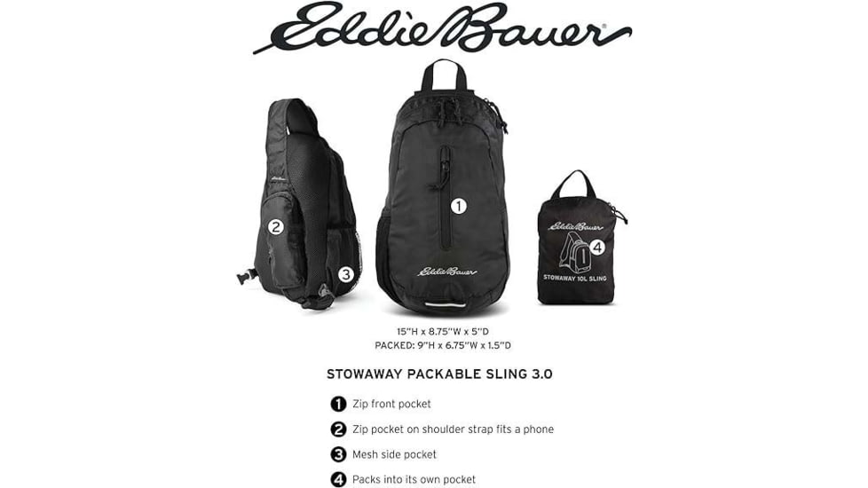 Eddie Bauer Stowaway Packable 10L Shoulder Sling, Onyx, EBB3004-031