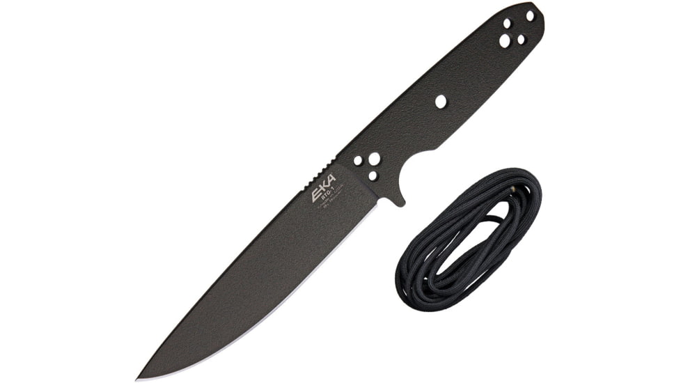 EKA RTG-1 Fixed Blade Knife, 10.5in Overall, 5.75in Black Powder Coated 1095Hc Steel Blade, One-Piece Comes w/Black Paracord That Can Be Used To Wrap The Handle, Black Kydex Belt Sheath, 50030