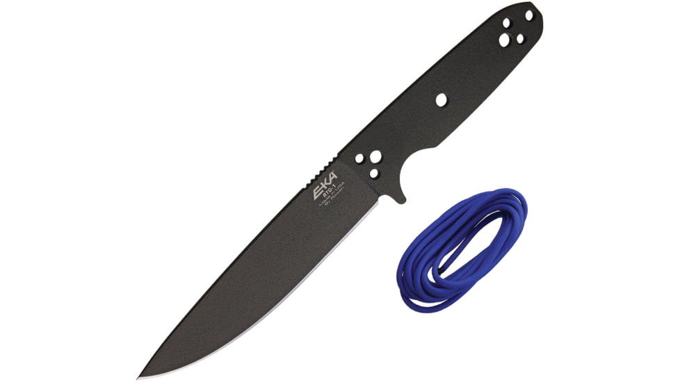 EKA RTG-1 Fixed Blade Knife, 10.5in Overall, 5.75in Black Powder Coated 1095Hc Steel Blade, One-Piece Comes w/Blue Paracord That Can Be Used To Wrap The Handle, Black Kydex Belt Sheath, 50100