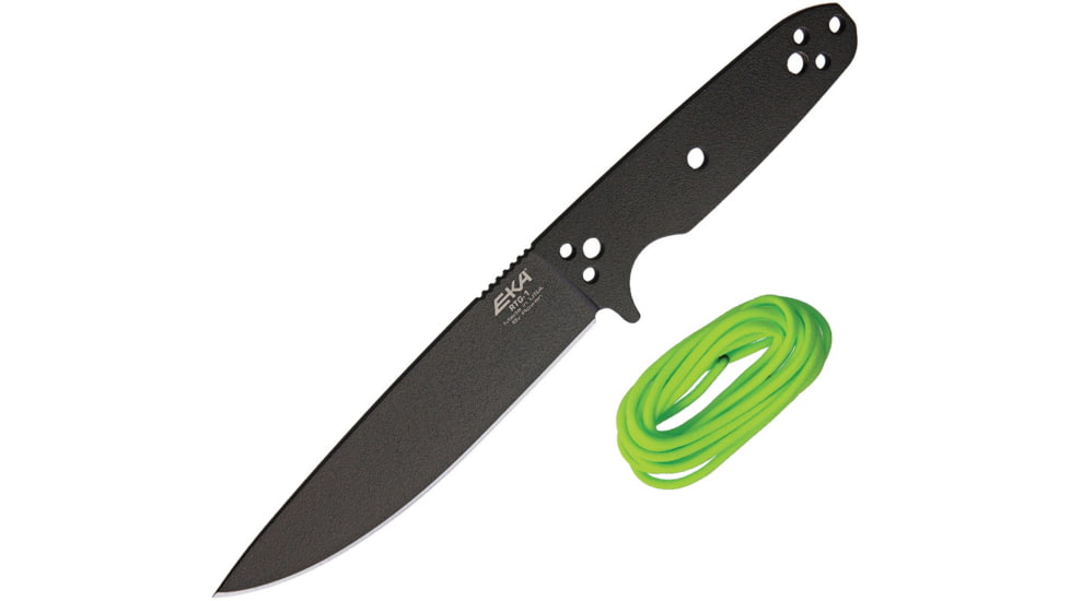 EKA RTG-1 Fixed Blade Knife, 10.5in Overall, 5.75in Black Powder Coated 1095Hc Steel Blade, One-Piece Comes w/Lime Paracord That Can Be Used To Wrap The Handle, Black Kydex Belt Sheath, 50070