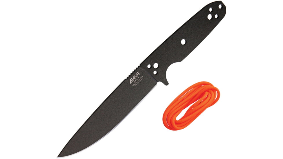 EKA RTG-1 Fixed Blade Knife, 10.5in Overall, 5.75in Black Powder Coated 1095Hc Steel Blade, One-Piece Comes w/Orange Paracord That Can Be Used To Wrap The Handle, Black Kydex Belt Sheath, 50060