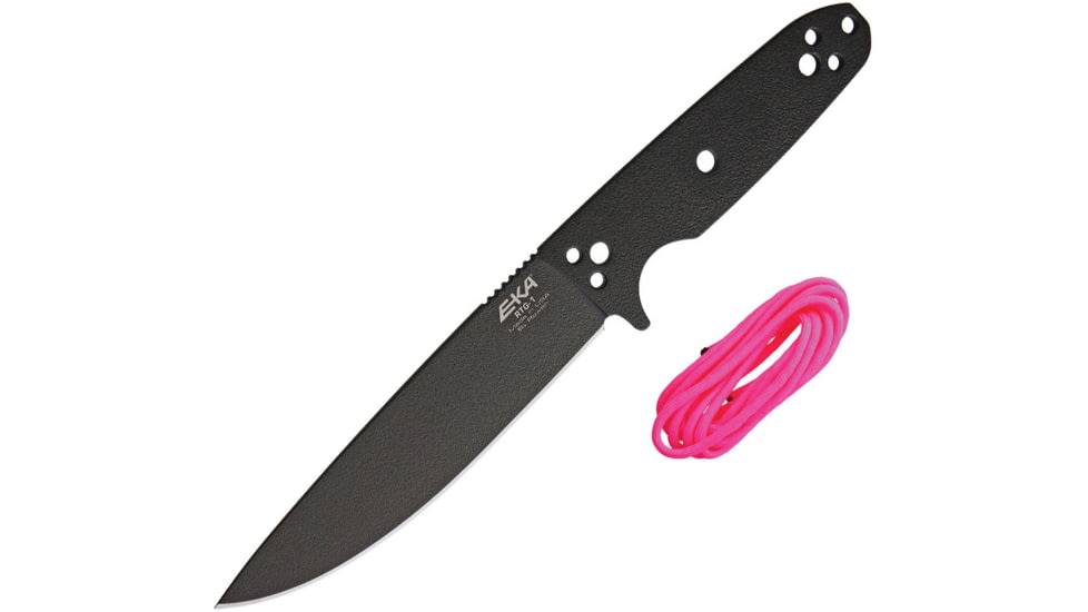 EKA RTG-1 Fixed Blade Knife, 10.5in Overall, 5.75in Black Powder Coated 1095Hc Steel Blade, One-Piece Comes w/Pink Paracord That Can Be Used To Wrap The Handle, Black Kydex Belt Sheath, 50120