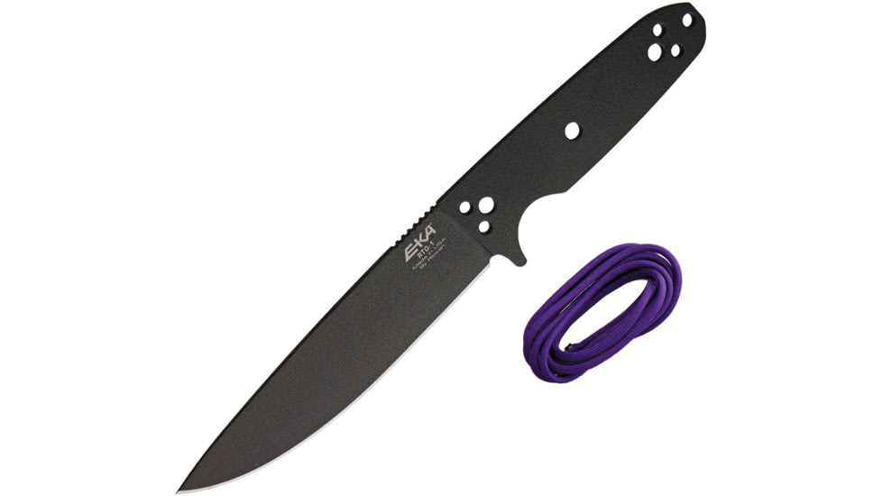 EKA RTG-1 Fixed Blade Knife, 10.5in Overall, 5.75in Black Powder Coated 1095Hc Steel Blade, One-Piece Comes w/Purple Paracord That Can Be Used To Wrap The Handle, Black Kydex Belt Sheath, 50110