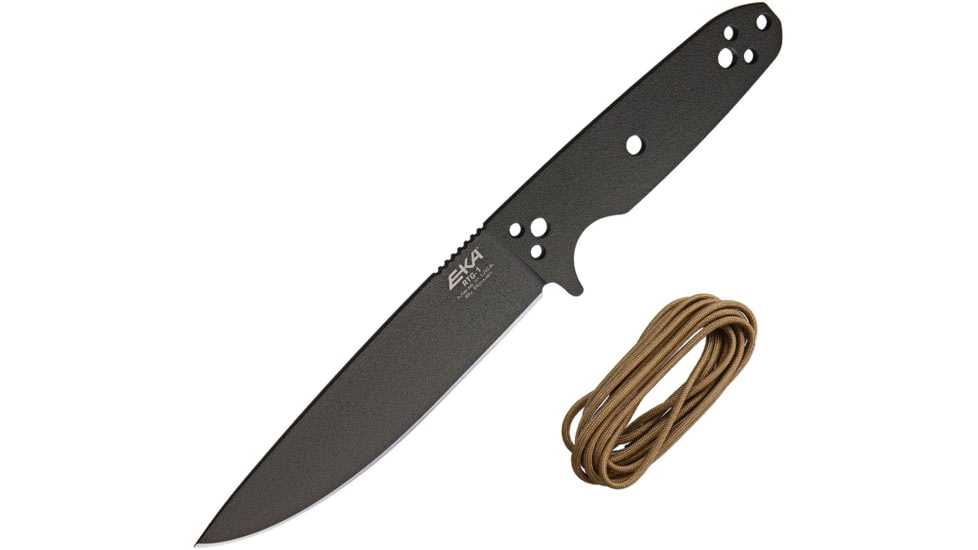 EKA RTG-1 Fixed Blade Knife, 10.5in Overall, 5.75in Black Powder Coated 1095Hc Steel Blade, One-Piece Comes w/Tan Paracord That Can Be Used To Wrap The Handle, Black Kydex Belt Sheath, 50040