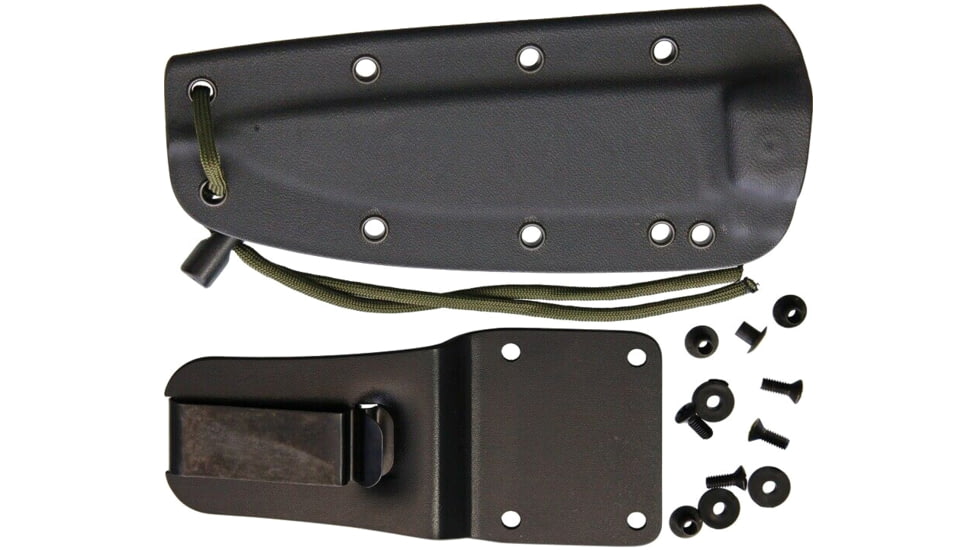 EKA RTG-1 Fixed Blade Knife, 10.5in Overall, 5.75in Black Powder Coated 1095Hc Steel Blade, Tan Canvas Micarta Handle, Black Kydex Belt Sheath, 50020