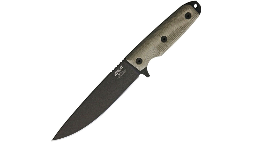 EKA RTG-1 Fixed Blade Knife, 10.5in Overall, 5.75in Black Powder Coated 1095Hc Steel Blade, Tan Canvas Micarta Handle, Black Kydex Belt Sheath, 50020