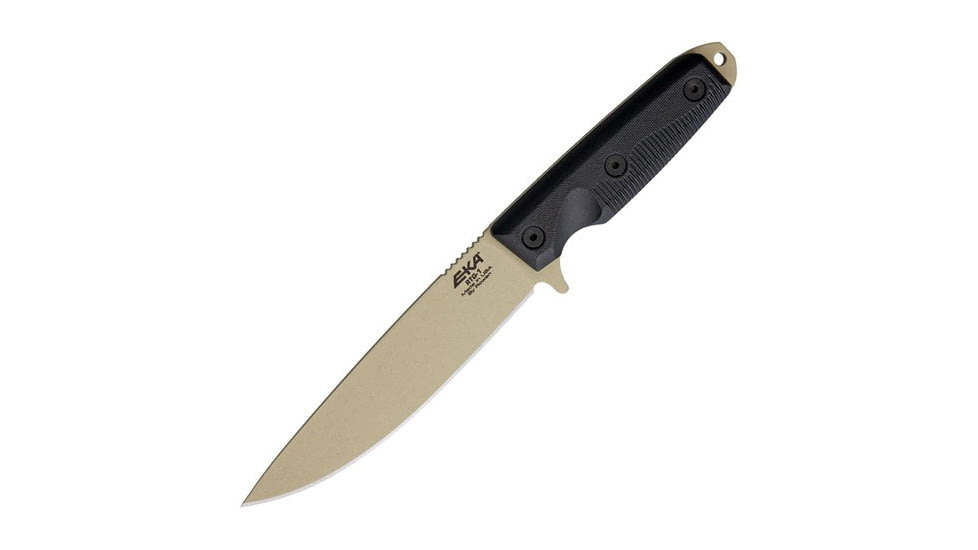 EKA RTG-1 Fixed Blade Knife, 10.5in Overall, 5.75in Tan Powder Coated 1095Hc Steel Blade, Black G10 Handle, Black Kydex Belt Sheath, 50130