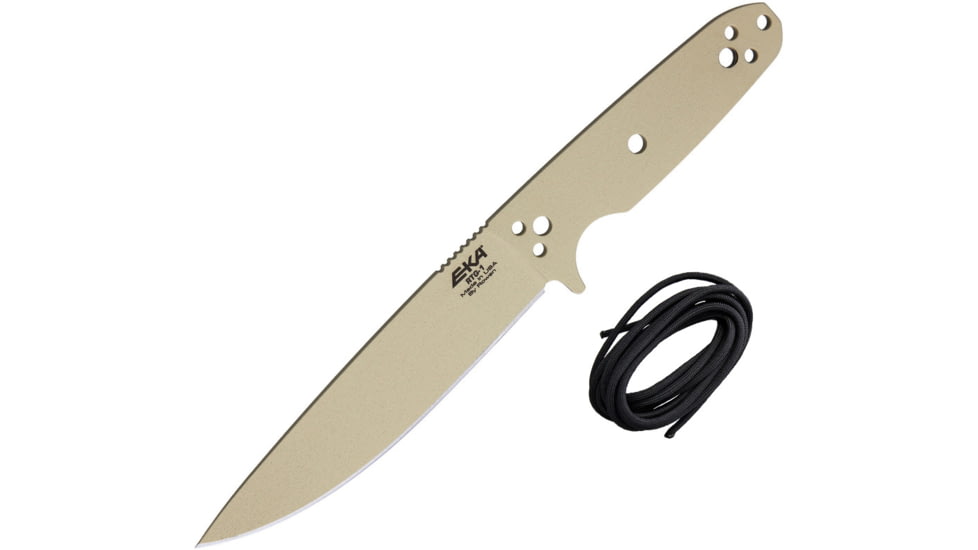 EKA RTG-1 Fixed Blade Knife, 10.5in Overall, 5.75in Tan Powder Coated 1095Hc Steel Blade, One-Piece Comes w/Black Paracord That Can Be Used To Wrap The Handle, Black Kydex Belt Sheath, 50150