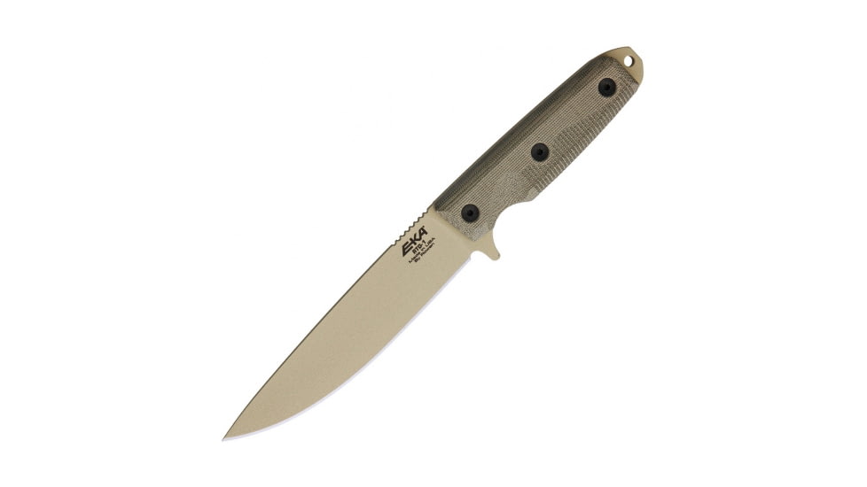 EKA RTG-1 Fixed Blade Knife, 10.5in Overall, 5.75in Tan Powder Coated 1095Hc Steel Blade, Tan Canvas Micarta Handle, Black Kydex Belt Sheath, 50140