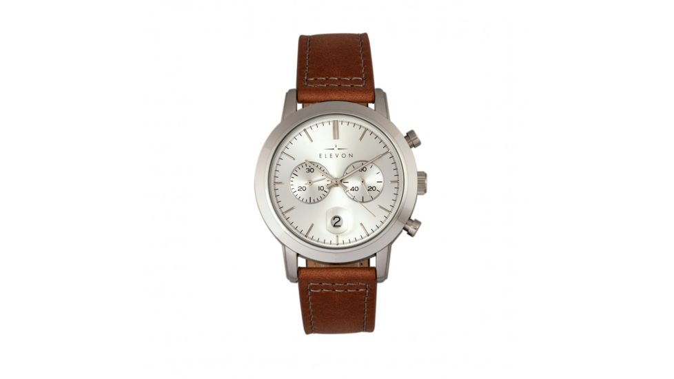 Elevon Langley Chronograph Leather-Band Watch W/ Date, Silver/Brown, ELE103-2
