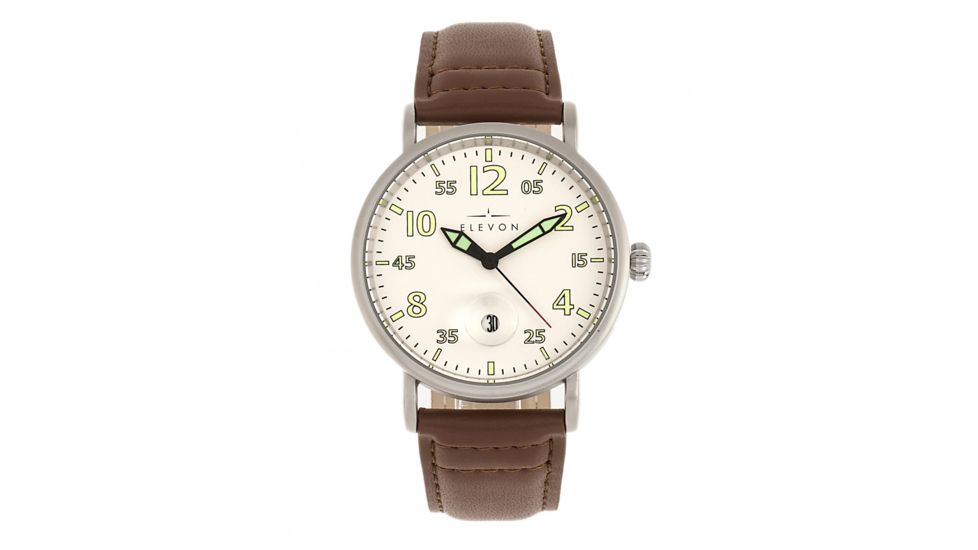 Elevon Von Braun Leather-Band Watch w/ Date, Silver/Brown, One Size, ELE112-1