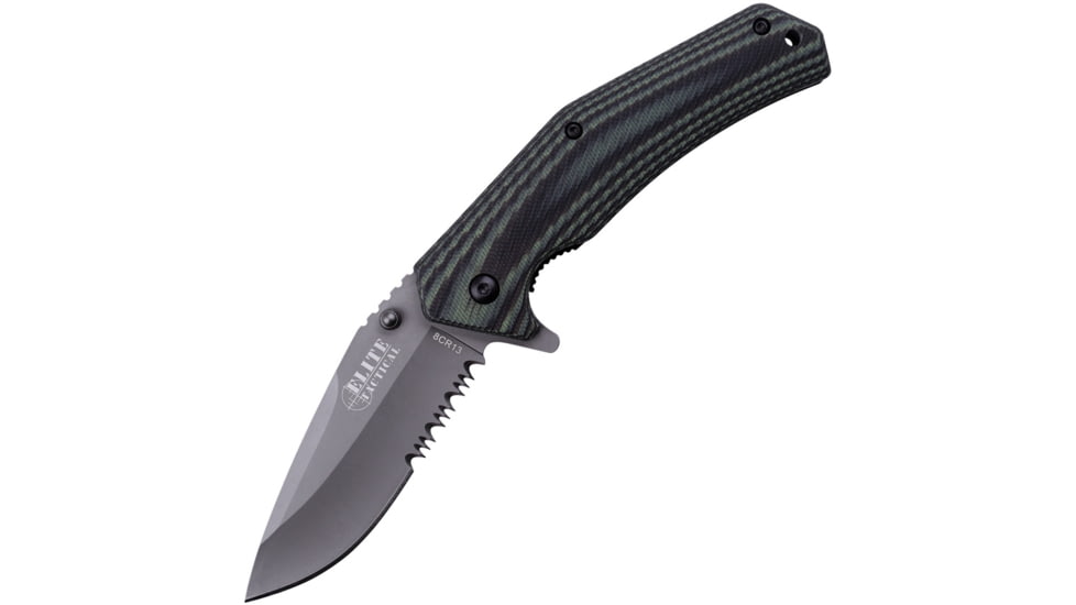Elite Tactical Linerlock A/O Folding Knife, 4.5in Closed, 3.25in Gray Titanium Coated Partially Serrated 8Cr13Mov SS Drop Point, Canvas Micarta HandleGray And Black Handle, ET-A1022-SO