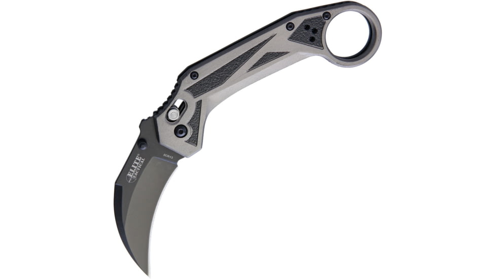 Elite Tactical Rapid Lock Gray/Black Folding Knife, 2.75in Black 8Cr13Mov SS Karambit Blade, Black/Gray Aluminum Handle, Finger Ring, Thumb Stud, Pocket Clip, ET-1029GY