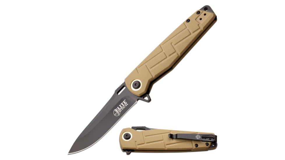 Elite Tactical Readiness Spring Assisted Knife, 3.5 in, 8Cr13 Stainless Steel, Drop Point, Not Serrated, Tan, ET-A001TN