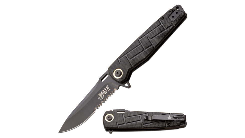 Elite Tactical Readiness Spring Assisted Knife, 3.5 in, 8Cr13 Stainless Steel, Drop Point, Serrated, Black, ET-A001BKS