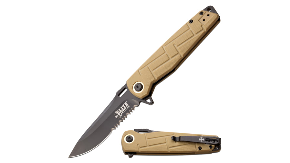 Elite Tactical Readiness Spring Assisted Knife, 3.5 in, 8Cr13 Stainless Steel, Drop Point, Serrated, Tan, ET-A001TNS