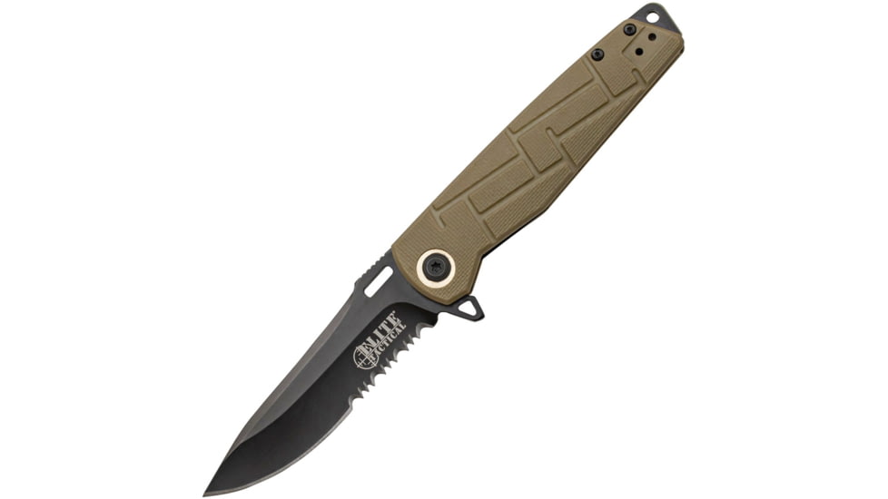 Elite Tactical Readiness Spring Assisted Knife, 3.5 in, 8Cr13 Stainless Steel, Drop Point, Serrated, Tan, ET-A001TNS