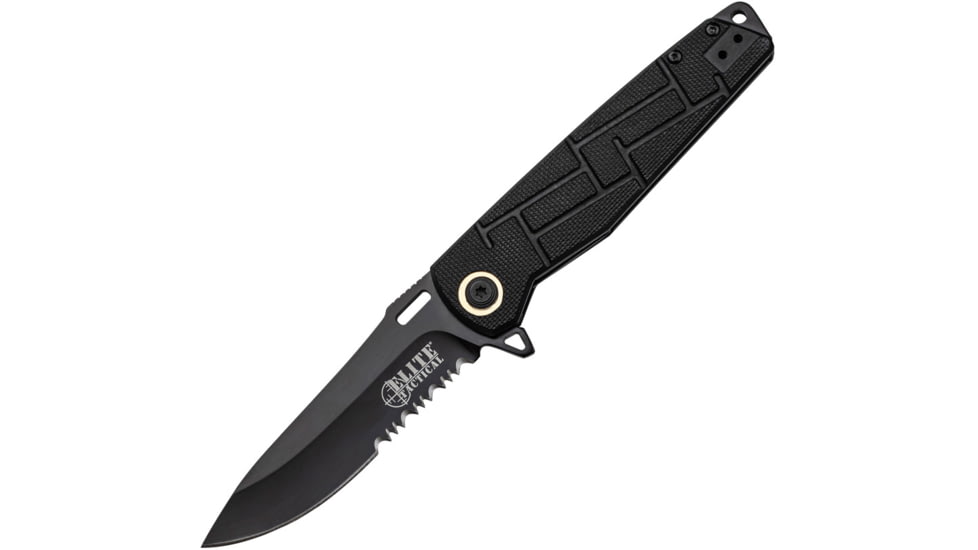 Elite Tactical Readiness Spring Assisted Knife, 3.5 in, 8Cr13 Stainless Steel, Drop Point, Serrated, Black, ET-A001BKS