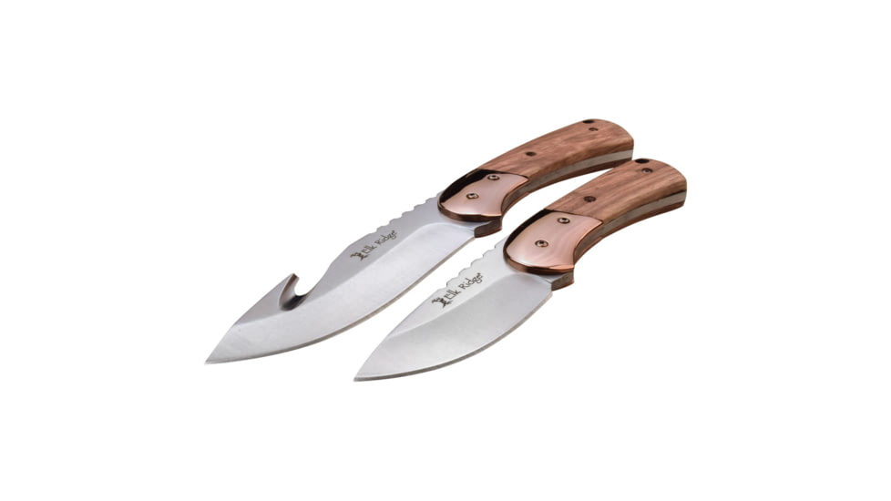 Elk Ridge 2 Set Fixed Blade Knife, 3.75 in, 3Cr13 Stainless Steel Stainless Steel, Gut Hook/Drop Point, Brown, ER-200-10BR