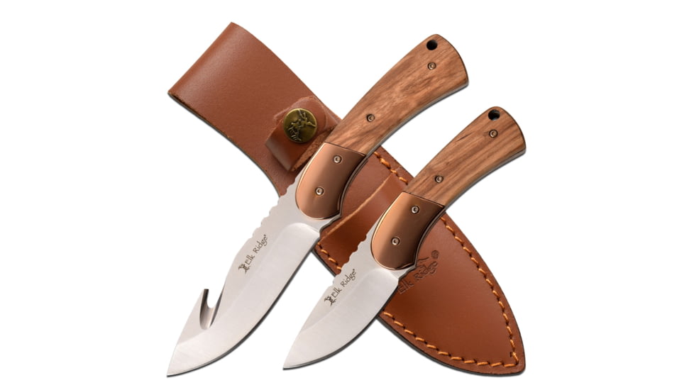 Elk Ridge 2 Set Fixed Blade Knife, 3.75 in, 3Cr13 Stainless Steel Stainless Steel, Gut Hook/Drop Point, Brown, ER-200-10BR
