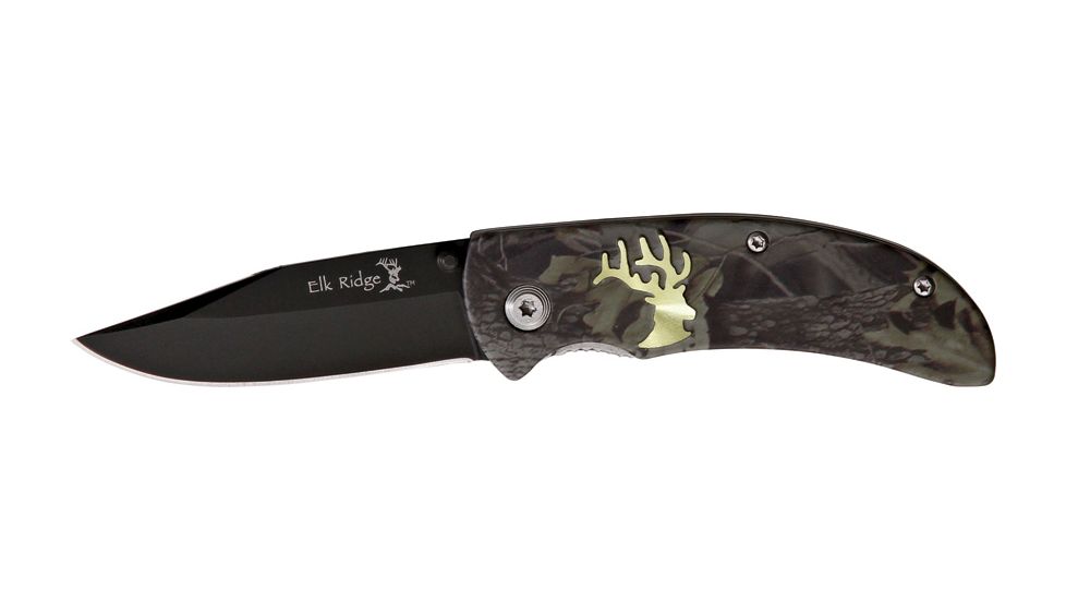 Elk Ridge Camo Linerlock Folding Knife, 2.625in, Black Coated Drop Point, Camo Aluminum Handle ER118