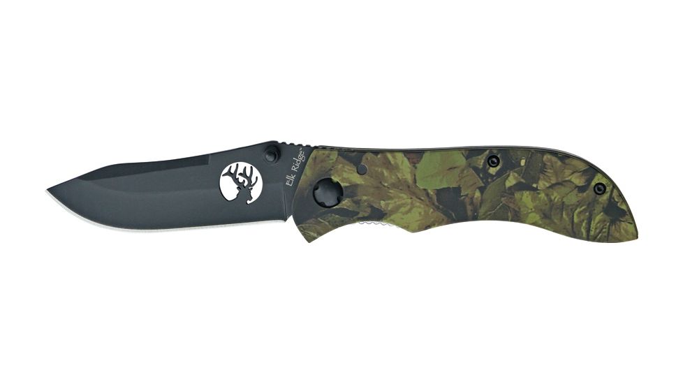 Elk Ridge Camo Linerlock Folding Knife, 3.625in, Black Stainless Blade, Camo Aluminum Handle ER015