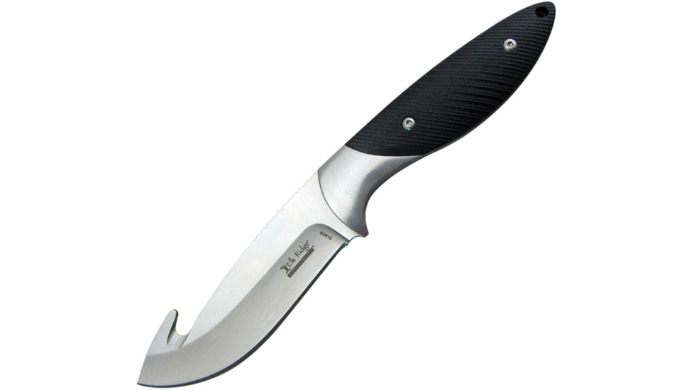 Elk Ridge Evolution Knife, 9in Overall, 4.25in Satin 8Cr13Mov SS Guthook Blade, Black G10 Handle, SS Guard, Black Leather Sheath, ERE-FIX016GH-BK